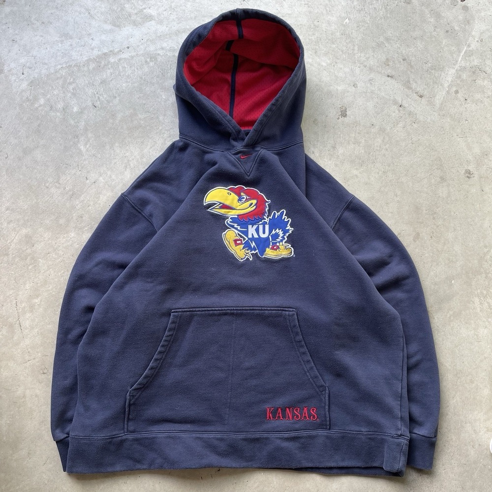 Vintage 90s Nike Team Mens XXL Kansas Jayhawks Blue Hoodie Center Swoosh
